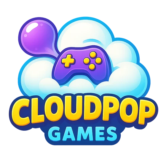 CloudPop Games — a game controller resting on a fluffy cloud with a purple bubble